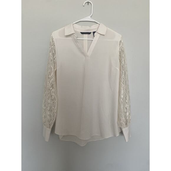 Isaac Mizrahi Live Ivory Lace Long Sleeve V-Neck Blouse Women's Small - Picture 3 of 6